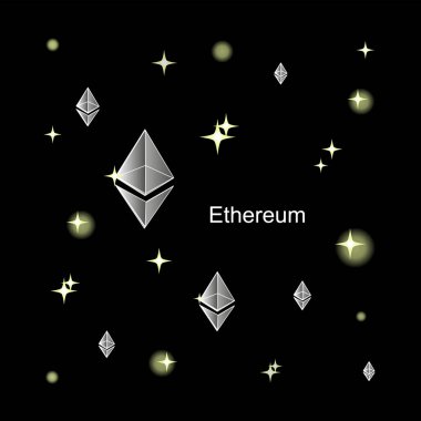 Silver Ethereum. The virtual world of crypto-currency. A digital currency sign on a dark cosmic background. Cryptography, illustration of financial technologies. Used for printed materials. clipart
