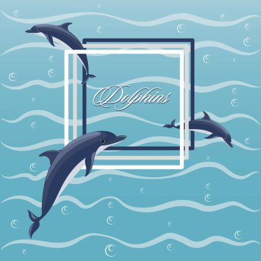 Poster frolicking yunuslar ile. Yunuslar, çerçeve ve hava kabarcıkları dalgalar deniz arka planı. Düz stil. Tasarım kartpostallar, reklamlar, ambalaj malzemeleri için.