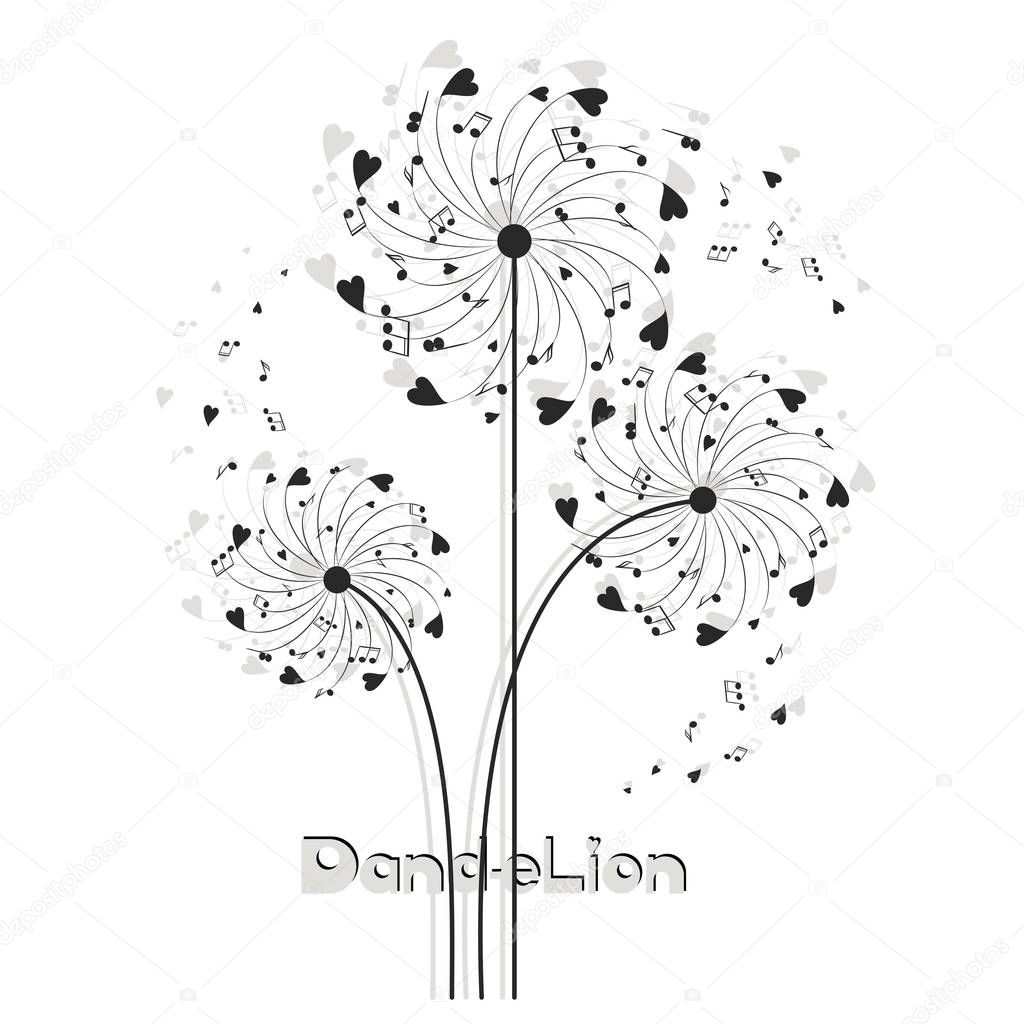 Musical dandelion from hearts and notes. Flying in the wind, the parachutes from hearts and notes. Logo, emblem, poster. The word and the silhouette of a dandelion on a white background.