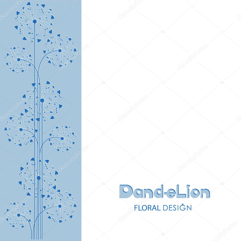 Ornament of dandelions on a light blue background. Flower Design. Musical dandelion from hearts and notes. Poster, card. The word and the silhouette of a dandelions on a blue and white background. 