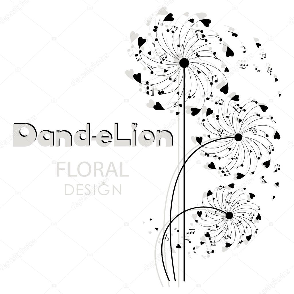 Musical dandelion. Floral design. Flying in the wind, the parachutes from hearts and notes. Logo, emblem, poster. The word and the silhouette of a dandelion on a white background.
