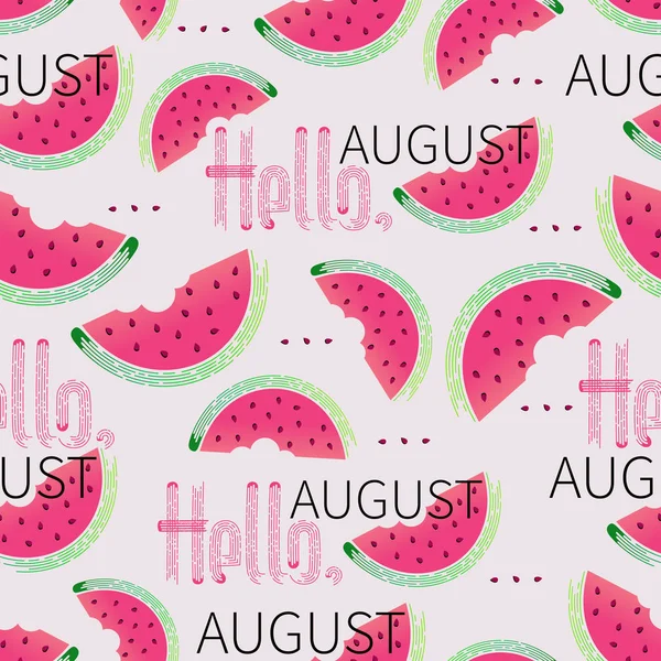 Wassermelonenscheiben Hallo August Nahtloses Muster Reife Wassermelone Wassermelonenscheiben Auf Hellem — Stockvektor