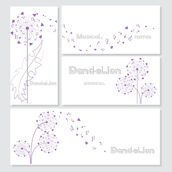 Kartpostal tasarımları ile müzikal dandelions. Düğün küme. Vektör çerçeve çiçek Set. Uçan rüzgar, paraşüt kalpleri ve notlar.