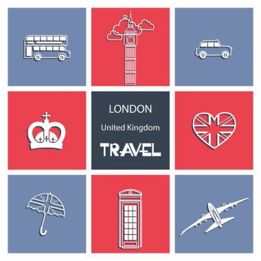 Londra. Birleşik Krallık. Seyahat. Ayarlayın. Kağıt simgeleri Londra sembolleri ile kes şunu. Seyahat ve Turizm için bir şablon kavramı tematik afiş gelişimi için yıl boyunca hazırdır.