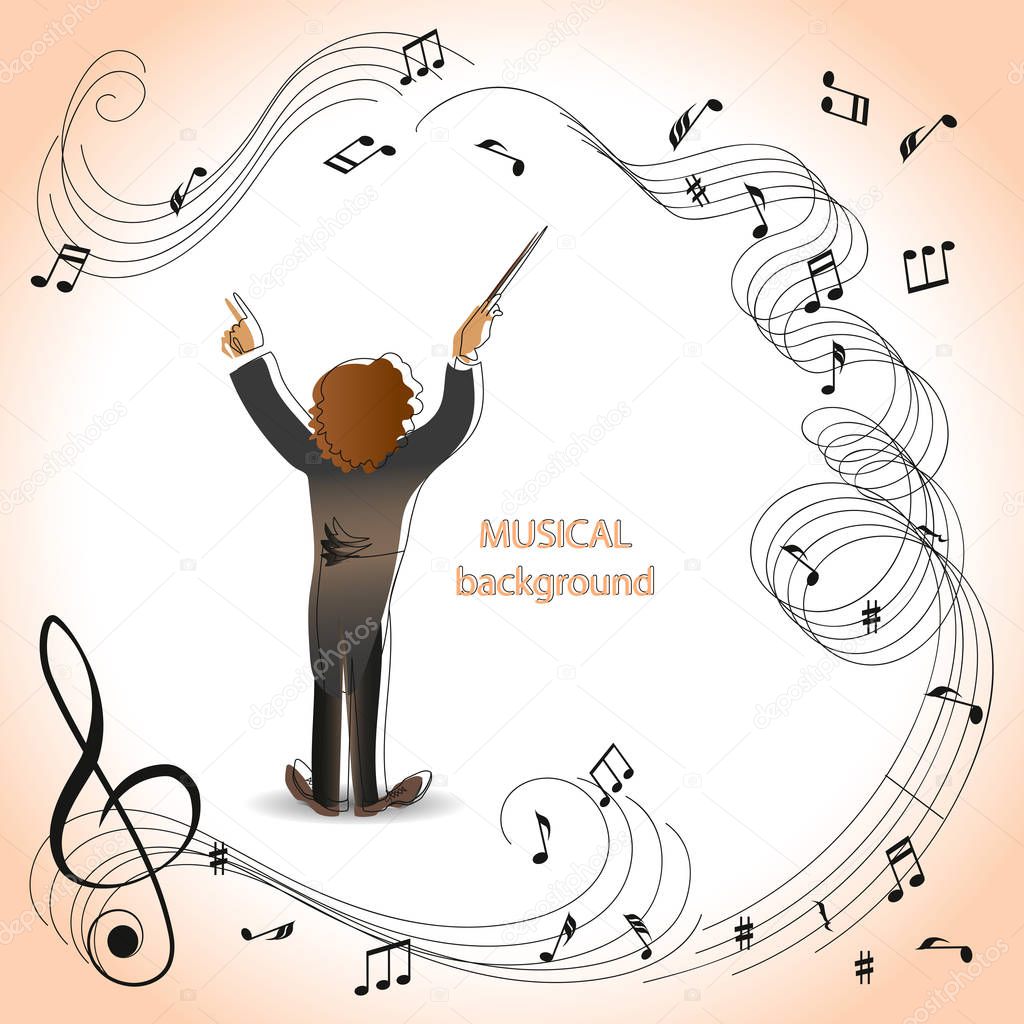 Conductor of orchestra. Magic of music. Composition for the design of advertising booklets, illustrations, concert programs, announcements of speeches in magazines, newspapers, websites.