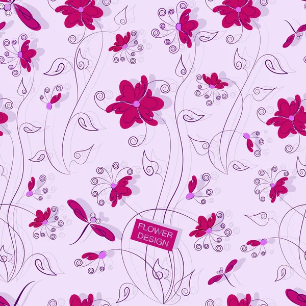 トンボと花です シームレス パターン 薄紫色の背景 花柄のデザイン 布や紙 タペストリー 包装材料上の印刷用デザイン — ストックベクタ