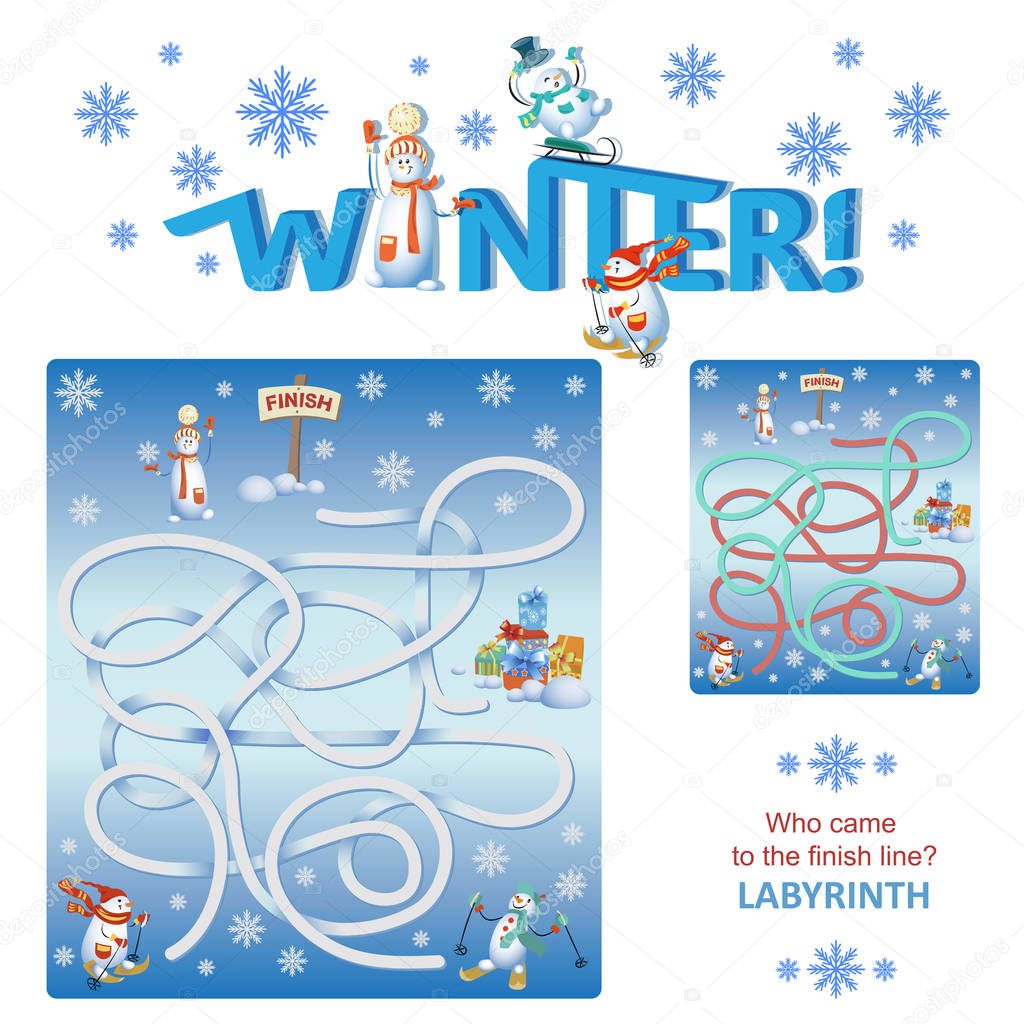 Competitions of skiers for snowmen. Labyrinth. Who came to the finish line? The design of the educational game with the inscription WINTER. Snowmen in the style of cartoon characters.