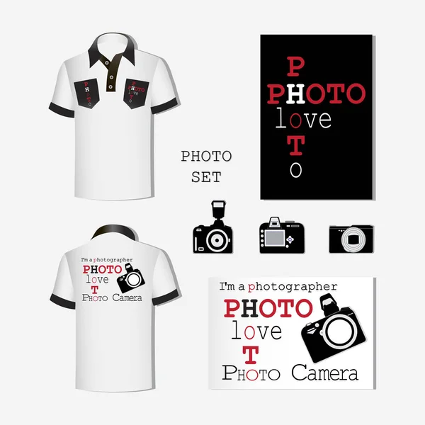配有徽章和照相相机 装饰男式 T恤衫用标志设计 业余爱好者和专业摄影师的建议 — 图库矢量图片