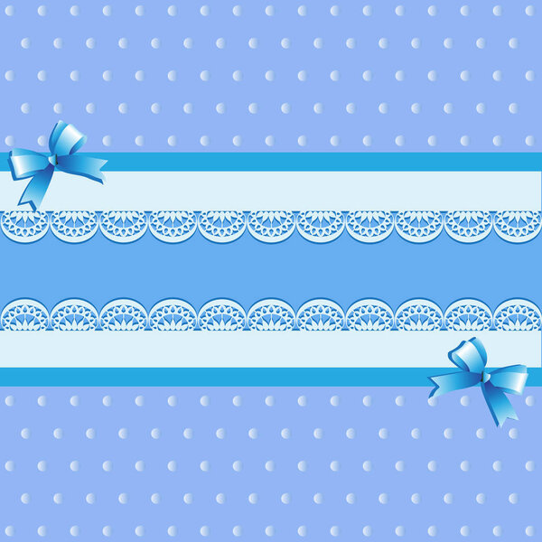 Light blue background. Lace. Bows. Vintage background with lace border and satin ribbon with a bows. Invitation card or template shower card baby. Vector Image.