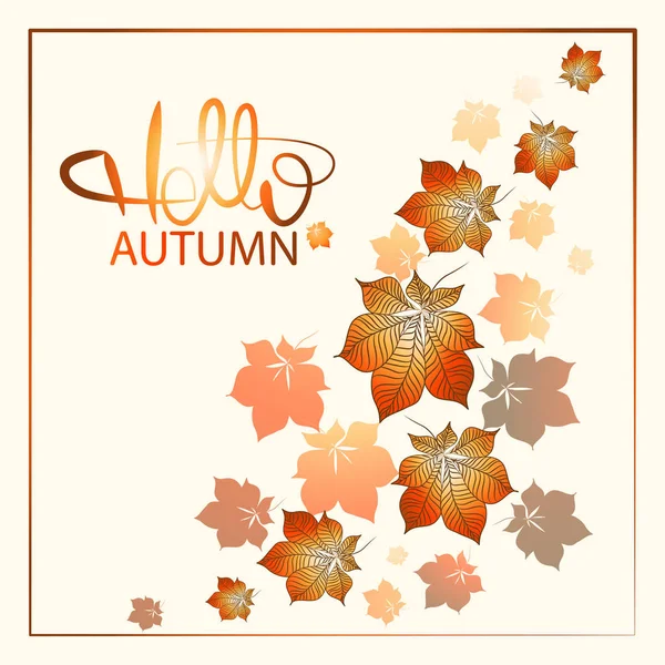 Folhas Voadoras Castanha Inscrição Hello Autumn Cartão Banner Cartaz Etiqueta — Vetor de Stock