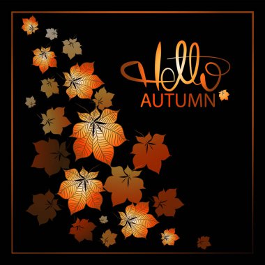 Merhaba, sonbahar ve uçan bırakır bir kestane ağacı siyah bir arka plan üzerinde. Tebrik kartı, afiş, poster, etiket, amblem. Tasarım dekorasyon, sarma, kumaşlar, kağıt veya yemekleri üzerinde baskı Hediyelik.