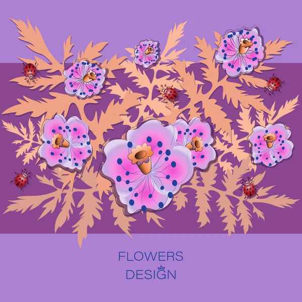 Rosa Mohnblüten Blumen Design Grußkarte Blumen Auf Violett Lila Hintergrund — Stockvektor