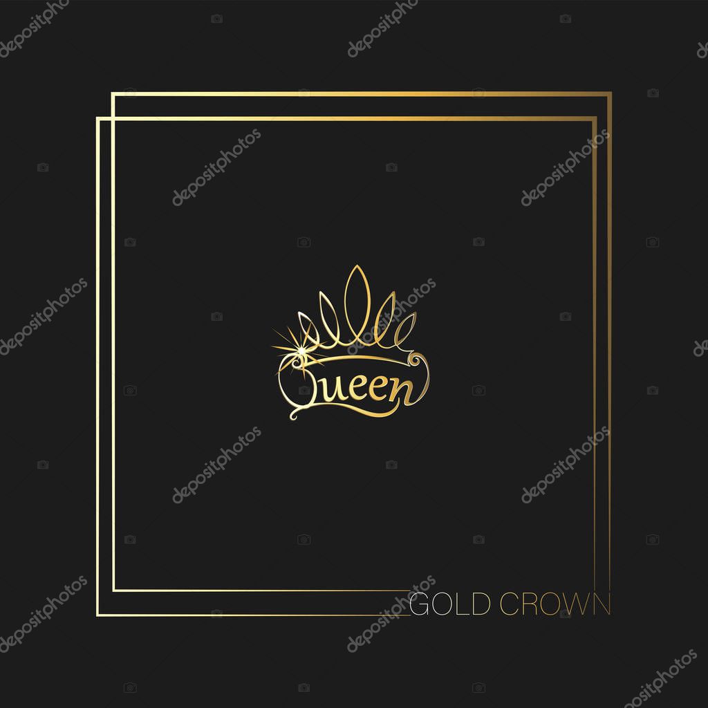 GOLD CROWN. Queen. Emblem, logo, badge. drawing. The background is dark. The element of graphic design, printing on t-shirts. Vector images for printing on fabric or paper.