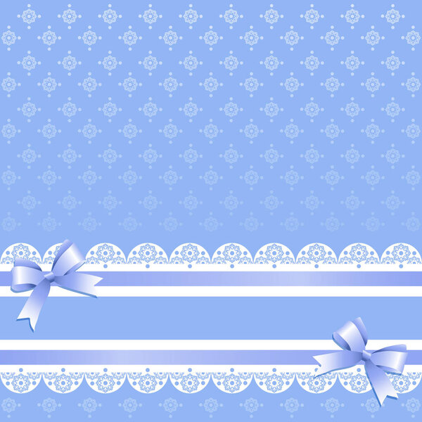 Snowflakes on light blue background with lilac ribbons and bows. Vintage background with lace border and satin ribbon with bows. Invitation card or shower template. Vector illustration.