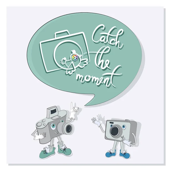 Забавні Персонажі Бульбашками Мовлення Спіймай Момент Плакат Двома Кумедними Камерами — стоковий вектор