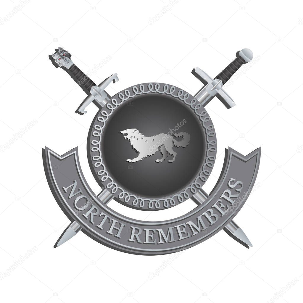 Silhouette of a ferocious beast on a shield. NORTH REMEMBERS. Symbol of strength. Contrast image on a gray background