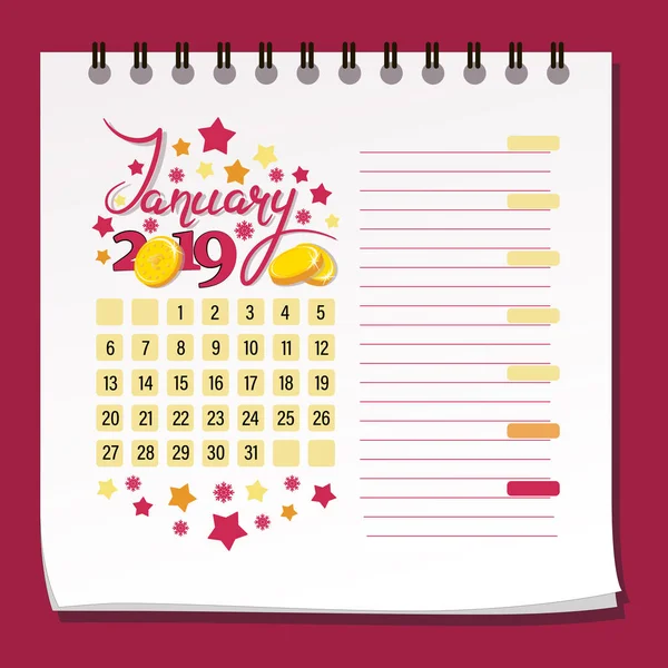 Januar 2019 Goldene Münzen Kalender 2019 Für Den Monat Januar — Stockvektor