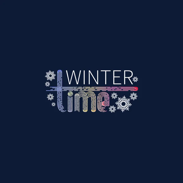 Tiempo Invierno Copos Nieve Luminosa Inscripción Fondo Azul Oscuro Diseño — Archivo Imágenes Vectoriales