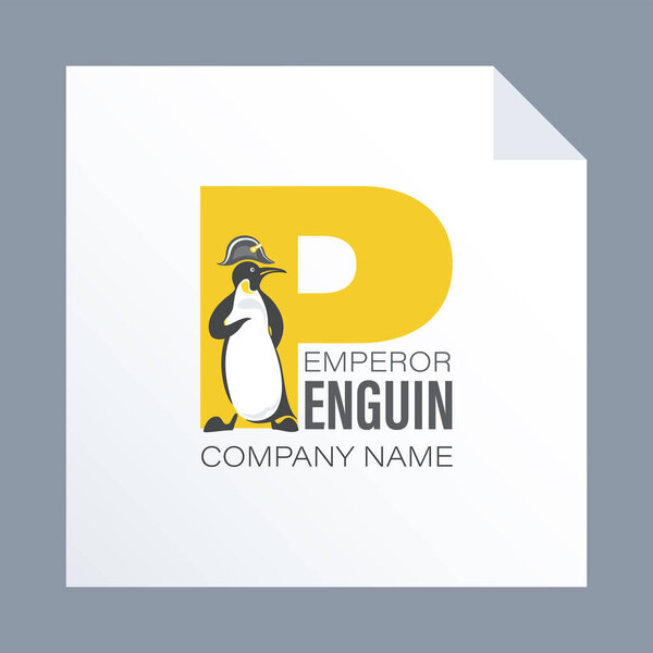 Penguin in a headdress of Napoleon on the background of the letter P and the inscription. Sign, Icon. Design for your logo, emblem company or for use in environmental posters, thematic sites