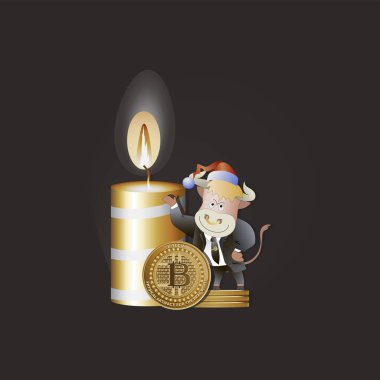 Boğa işadamı bitcoins büyüme gösteriyor. Noel mum. Şifreleme, finans teknolojileri, bir cryptocurrency strateji oyunu görülmektedir. Karikatür tarzı.