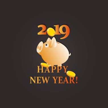 Sarı kumbara altın madeni para ile. Yılbaşı selamlar. Koyu arka plan. Tasarım bir tebrik kartı, afiş, reklam, takvim için. Kavram para yapma, birikimi.