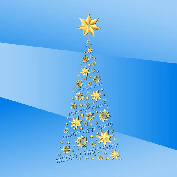 Christmas Tree Festive Decorations Stars Snowflakes Beads Light Blue Background — Stock Vector