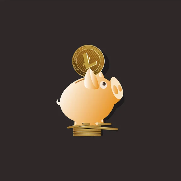 Пигги Банк Литкойн Символ Физической Монеты Темный Фон Концепция Рынок — стоковый вектор