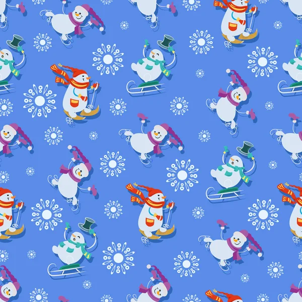 Kış spor oyunları. Komik snowmens. Seamless modeli. Çocuk Tekstil ve ambalaj malzemeleri, arka plan resmi çizgi film karakterleri ile tasarım.