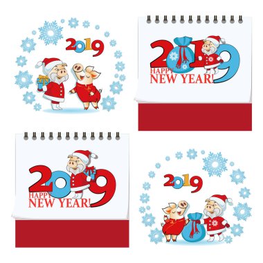 Yeni yıl 2019 arifesinde komik domuzlar. Çince karakterler 2019. Yıl sarı domuzlar. Takvim, tebrik kartı, tebrik ile tatil hediye için ayarla.