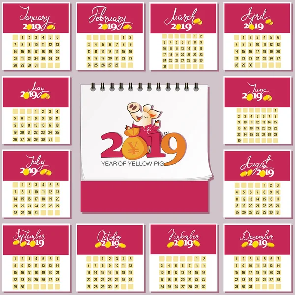 Календарь 2019 Год Симпатичной Свиньёй Денежной Сумкой Календарь Воскресенья Субботу — стоковый вектор