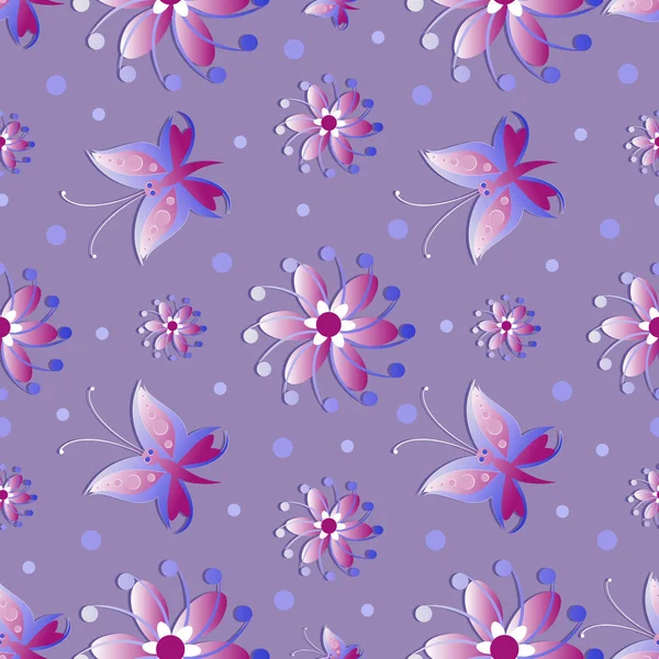 Flores Mariposas Sobre Fondo Lila Patrones Sin Costuras Diseño Para — Archivo Imágenes Vectoriales