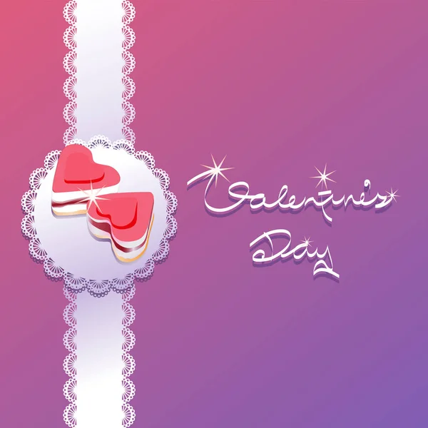 Пирожные Форме Сердца Кружевной Салфетке День Святого Валентина Розовый Лиловый — стоковый вектор