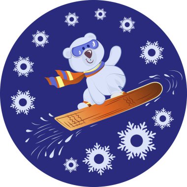 Bir snowboard üzerinde kutup ayısı. Kış spor. Kar taneleri ile mavi arka plan. Tasarım baskı kumaşlar, kağıt, ambalaj malzemeleri spor için almak için 