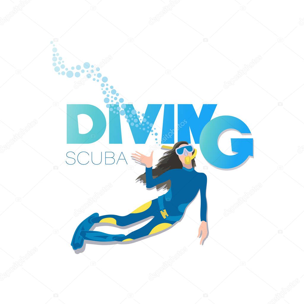 Young woman in a diving suit and fins swimming underwater. SCUBA DIVING. Poster with a picture on a white background.