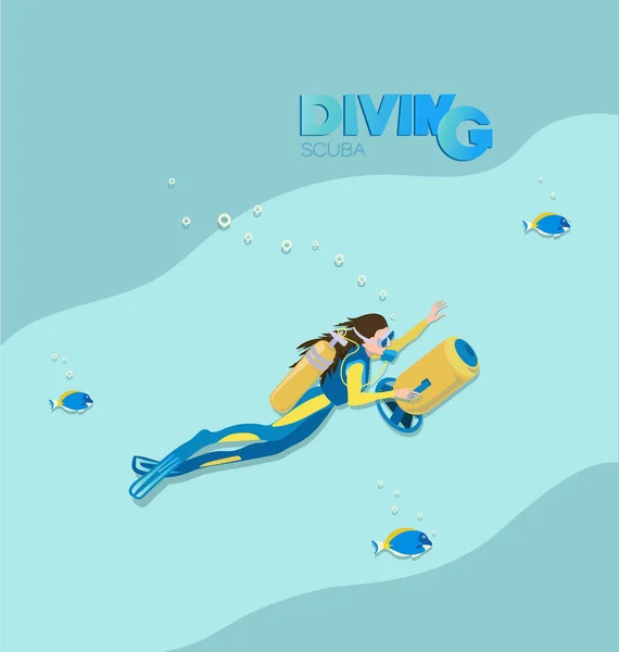 Mergulhador Menina Com Scooter Subaquático Peixes Tropicais Cartaz Com Inscrição —  Vetores de Stock