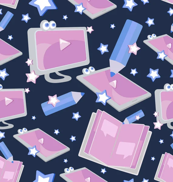 Seamless pattern with computer, tablet and notepad. Dark blue background with stars. Design for fabric, napkin, wrapping paper, background for a themed website.