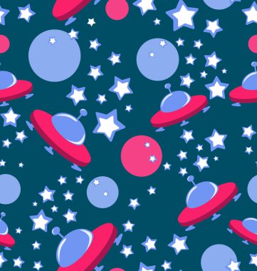 Çizgi film uzayda uçan daire. Şirin Ufo. Yabancılar ve yıldız ile Seamless modeli. Evren. Uzay yolculuğu. Kumaş, peçete, ambalaj kağıdı, tematik çocuk sitesi için arka plan için tasarım.