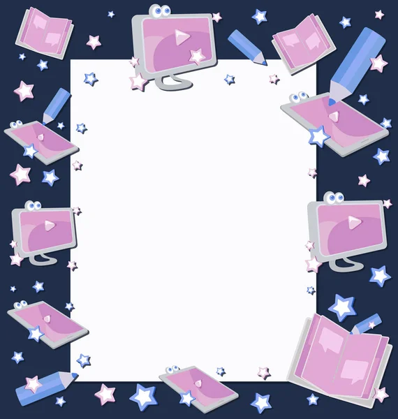 Organisateur Pour Enfants Avec Ordinateur Tablette Bloc Notes Planeur Cadre — Image vectorielle