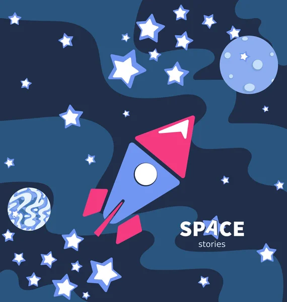 Raketa Letí Prostoru Hvězdy Planety Plakát Nápisem Prostor Příběhy Rozvoj — Stockový vektor