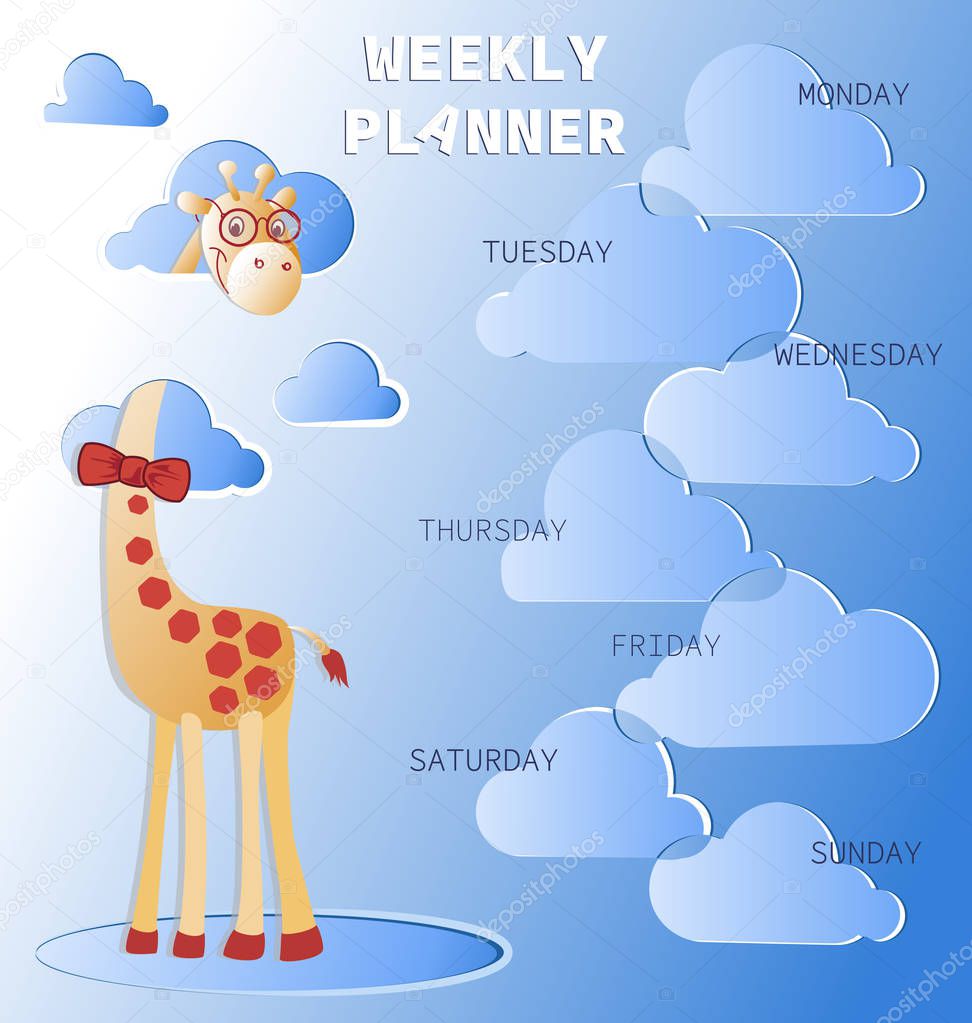 Weekly planner with a giraffe in the clouds. Schedule. Baby organizer with days of the week and a place for text. Notes, frame.