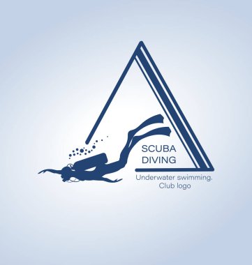 Tüplü Dalış. Sualtı yüzme. Amblem, kulüp logosu. Bir dalgıç silüeti. Spor dalış kavramı.