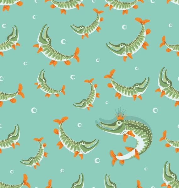 Pikes. Queen pike. Seamless pattern. Great pike. Design for the club of fishing enthusiasts, for printing on fabrics or paper. — Stock Illustration Pikes Queen Pike Seamless Pattern Great Pike Design Club Fishing Royalty Free Stock Vectors