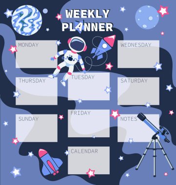 Haftalık Planer astronot ve bir teleskop ile. Çocuk Organizatör. Zaman macera ve uzay yolculuğu için. Metin için bir yer ve haftanın gün ile bebek Organizatör. Notlar, çerçeve.