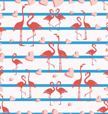 Flamingo ve kalpleri ile Seamless modeli. Tropikal kuşlar sürüsü. Kuş Parkı. Çizgili ışık mavi arka plan üzerinde egzotik kuşlar.
