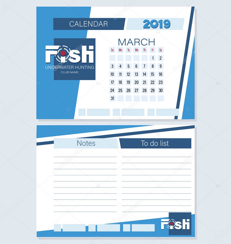Calendar planner for March, 2019. FISH. Underwater hunting.  Week starts on Sunday. Set. Month, to do list, notes. The concept of sports fishing and hunting.