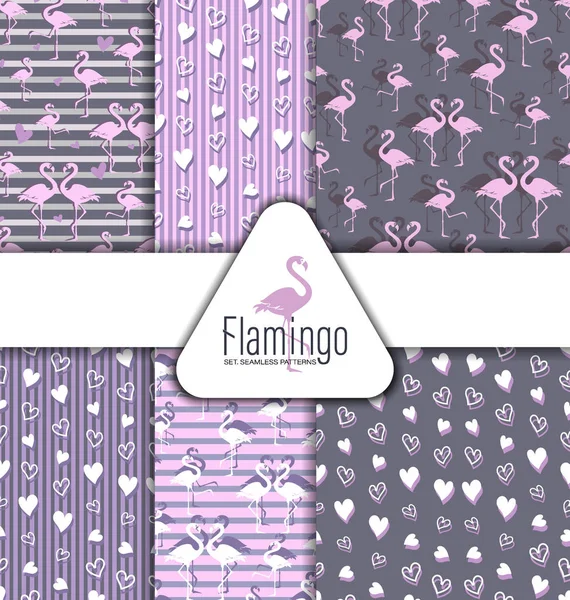 Flamingo and hearts. SET. SEAMLESS PATTERNS. Flock of tropical flamingos. Park of birds. Exotic birds and hearts on a striped and gray background.