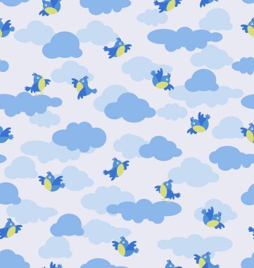 Bulutlarda baştankara kuşları. Bebek Tekstil, ambalaj malzemeleri için arka plan resmi için dikişsiz desen tasarım. Karikatür tarzı.