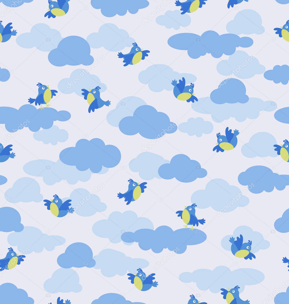 Birds of the titmouse in the clouds. Seamless patterns Design for baby textiles, background image for packaging materials. Cartoon style.