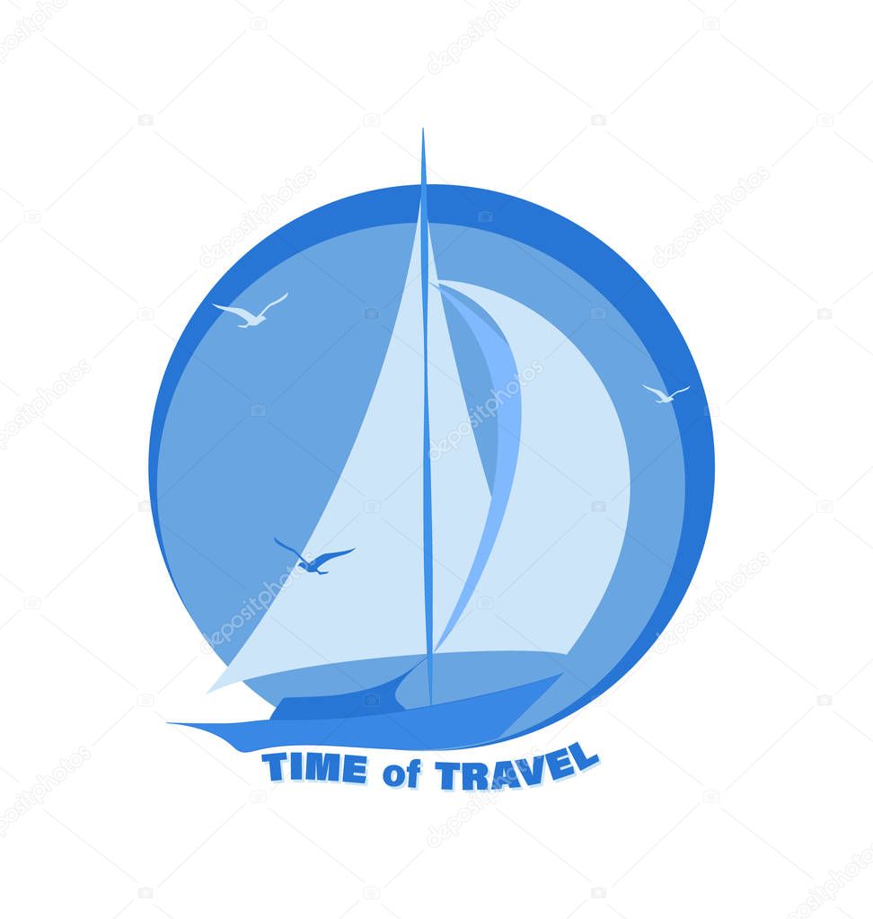 Sailing yacht. TIME TRAVEL. Emblem, logo, sticker. Sailboat and seagulls. Design for printing on fabric or paper.