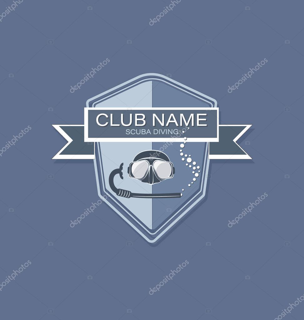 Mask and breathing tube with tape. Scuba diving. The emblem of the club, inscribed in a triangle on a gray background. The concept of sports diving.